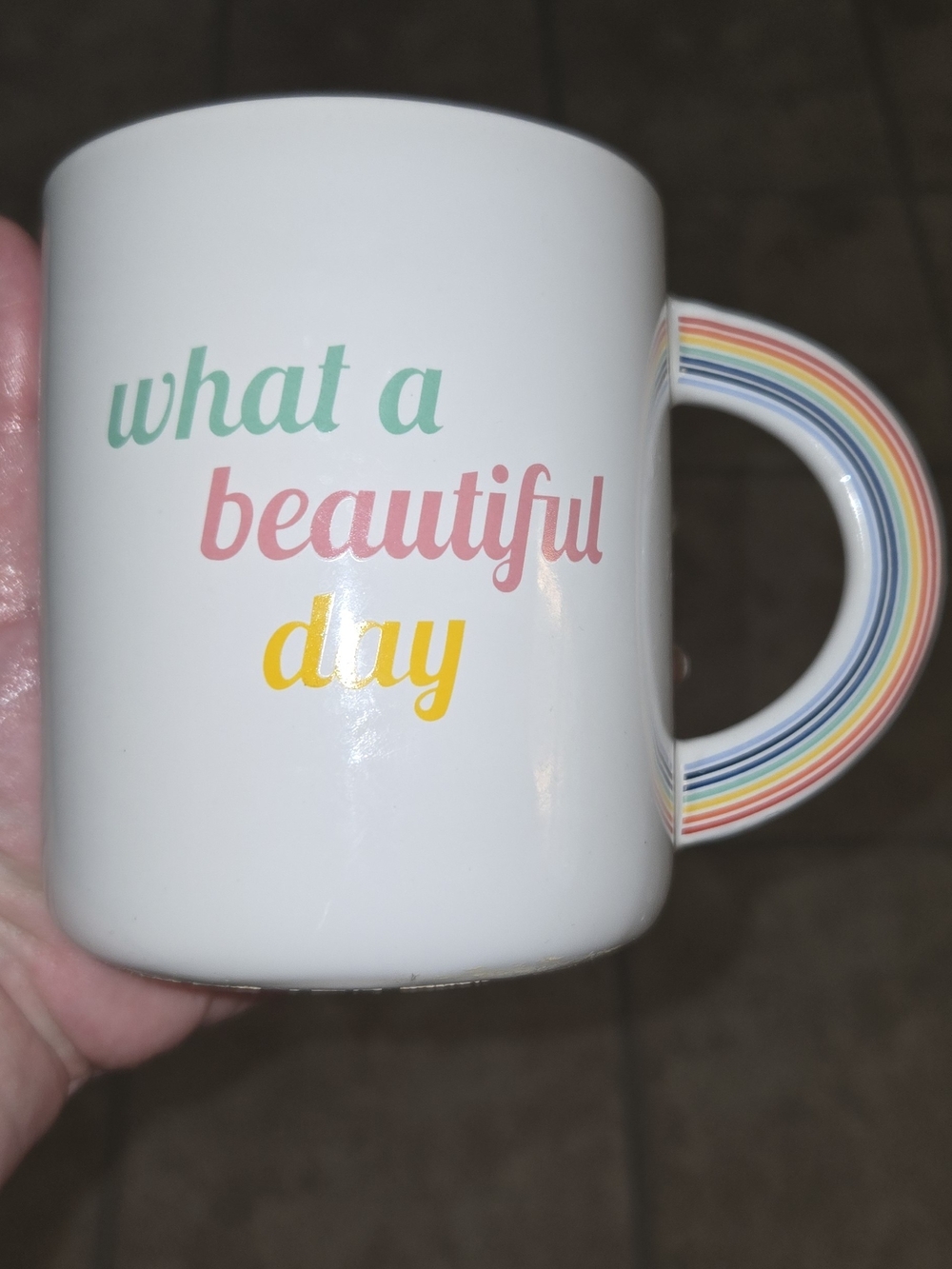 Thyme & Table What a Beautiful Day Ceramic White Mug Rainbow Stripe Handle PRIDE
